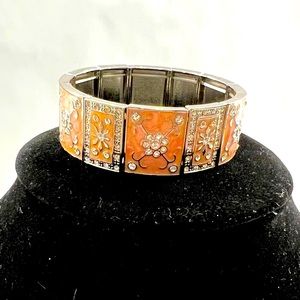 Peach and Silver Enameled Bracelet w/Clear Stretch Band
